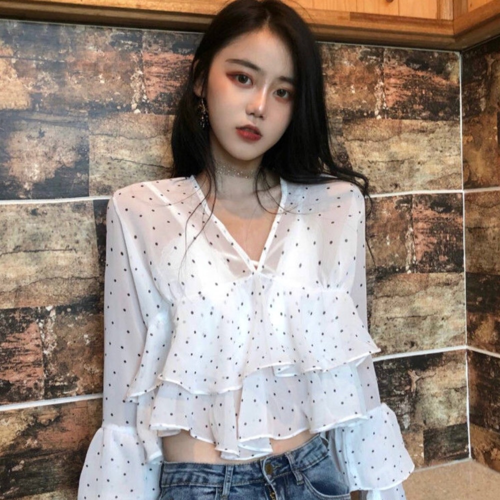 Frilled Dotted Long Sleeve Chiffon Top